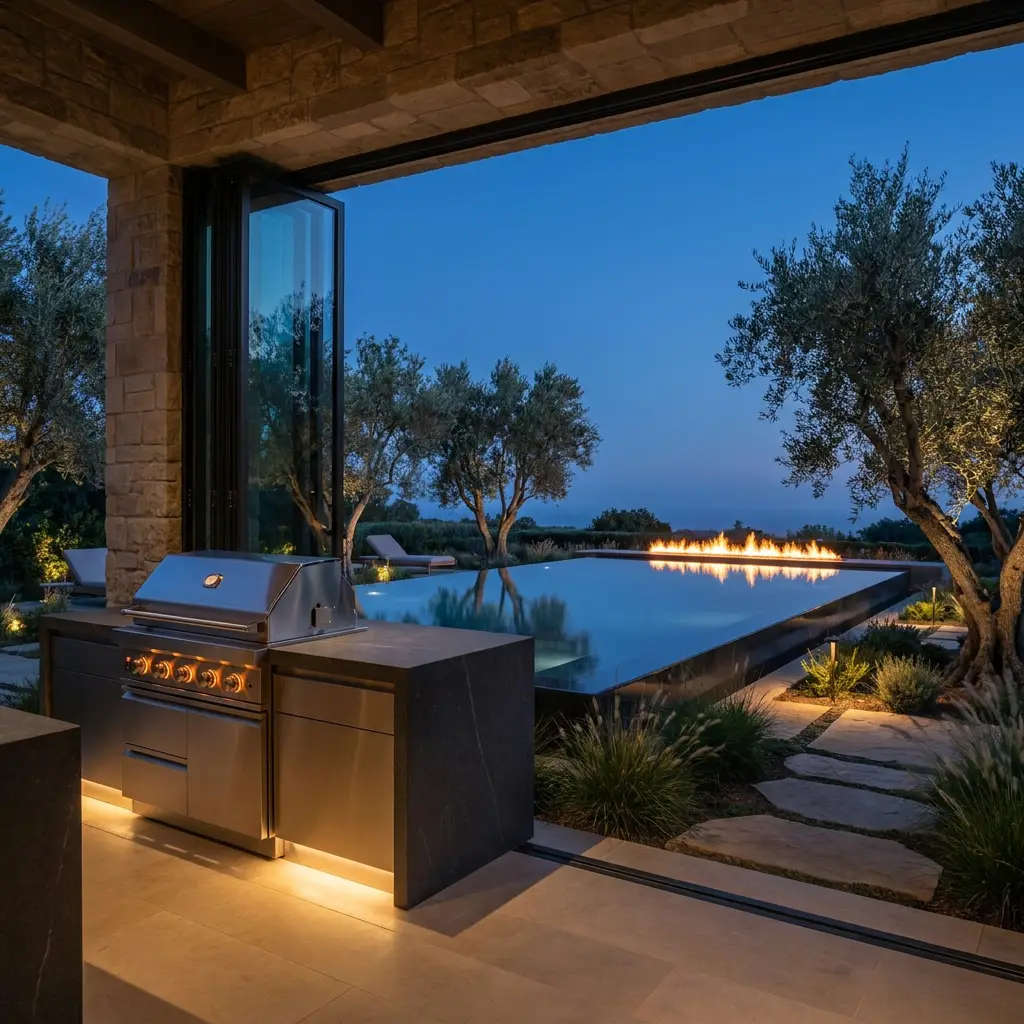 Outdoor kitchen at dusk beside an infinity pool with a fire feature